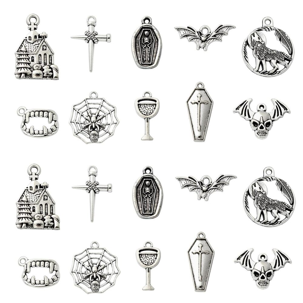7932 100Pcs 10 Styles Tibetan Style Vampire Charms Antique Silver Halloween